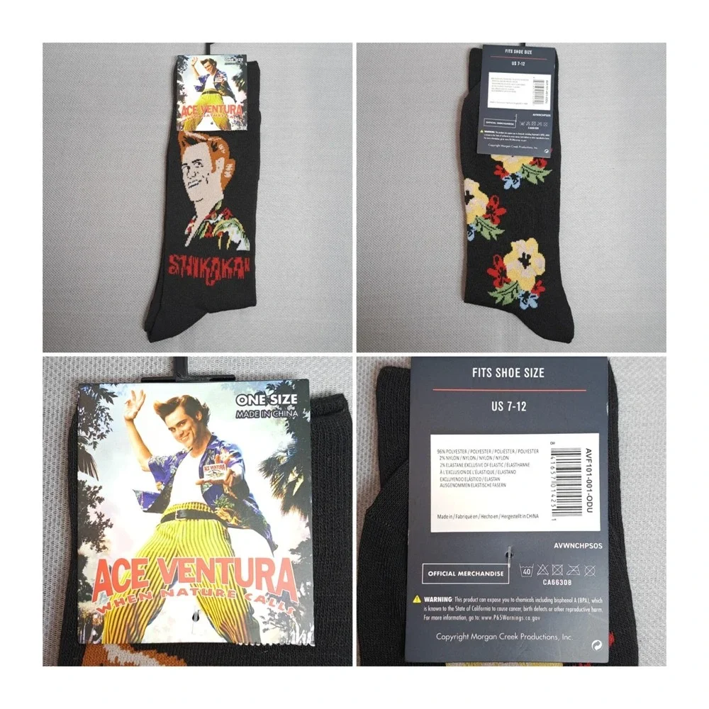 2 Pair One‎ Size ACE VENTURA Low-Cut Socks Size 7-12 Novelty Jim Carey